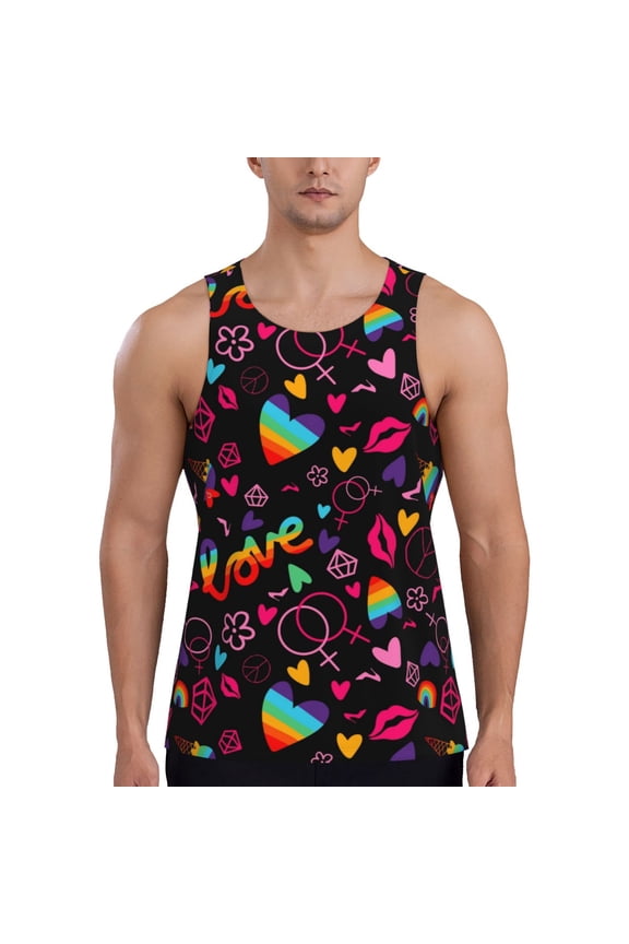 Lgbt Rainbow For Pride Print Men's Quick Dry Fitness Vest, Round Neck Sleeveless Fitness Bodybuilding Top-Medium