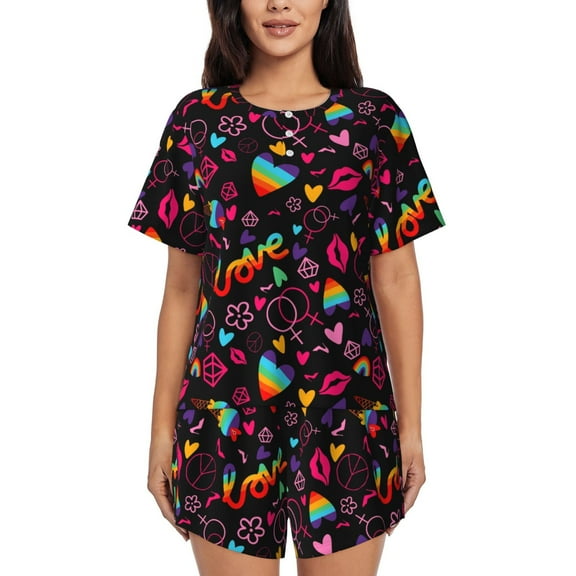 Gukieu Lgbt Rainbow For Pride Print Women's Short-sleeved Pajama Set, Round Neck Button Top Elastic Shorts 2-piece Set, Summer Home Leisure Clothing-XX-Large