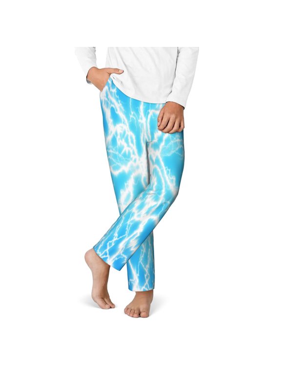 Light blue flash Print Youth Home Trousers, Elastic Waistband with Pockets for Home and Outing, Suitable for Children Aged 5-16-XS(5-6)