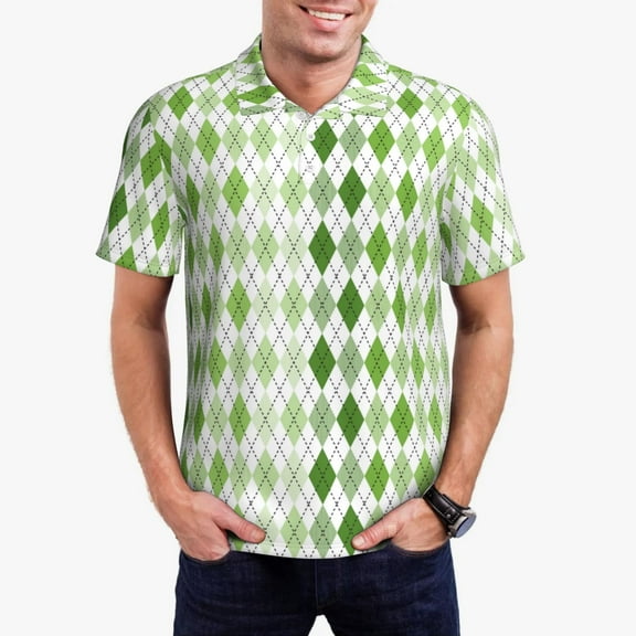 Gukieu Light green argyle Print Men's Quick-drying POLO Shirt, Button-down Summer T-shirt, Suitable for Work and Outdoor Activities-Medium