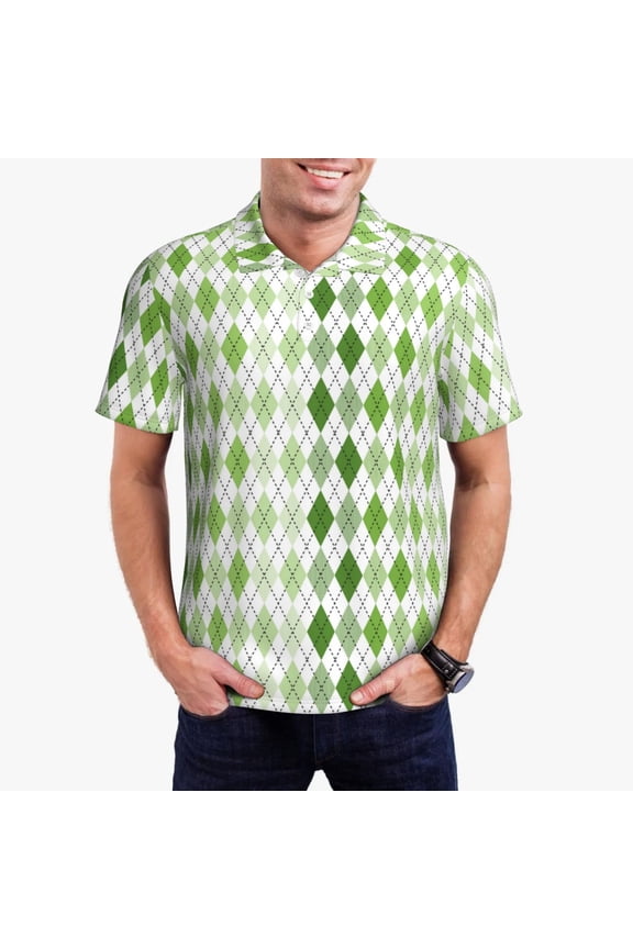 Light green argyle Print Men's Quick-drying POLO Shirt, Button-down Summer T-shirt, Suitable for Work and Outdoor Activities-Small