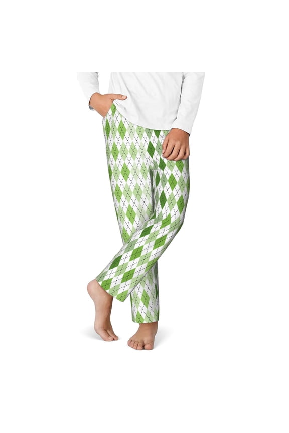 Light green argyle Print Youth Home Trousers, Elastic Waistband with Pockets for Home and Outing, Suitable for Children Aged 5-16-Large