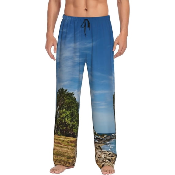 Gukieu Lighthous Print Men's Home Trousers, Elastic Drawstring Home Pajamas Clothing Suitable for Adult Men-3X-Large