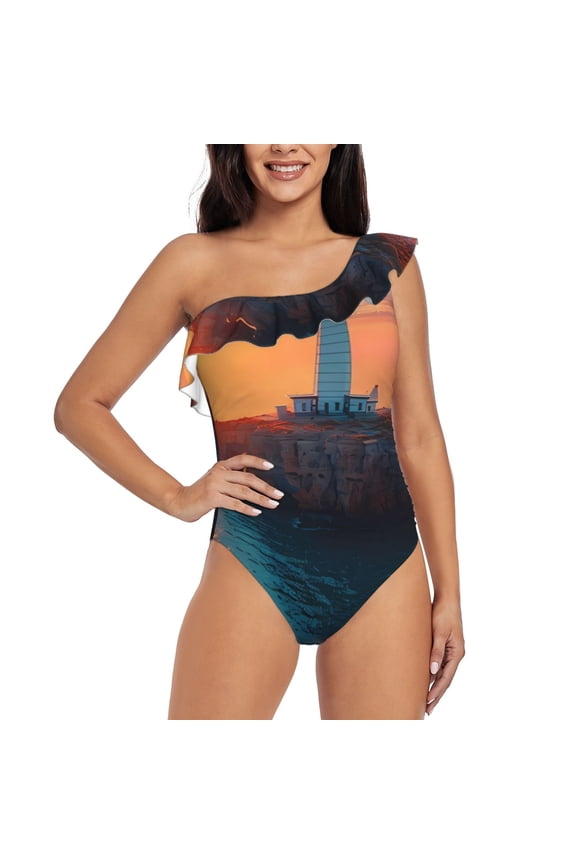 Lighthouse At Sunset Coast Print One-shoulder Ruffled One-piece Swimsuit with Removable Chest Pads and Tummy-control Swimsuit for Women-Medium