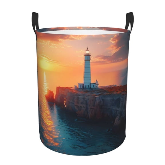 Gukieu Lighthouse At Sunset Coast Print Round Dirty Clothes Bag, Waterproof Standing Home Bathroom Storage Basket Car Trunk Storage Bag-Small