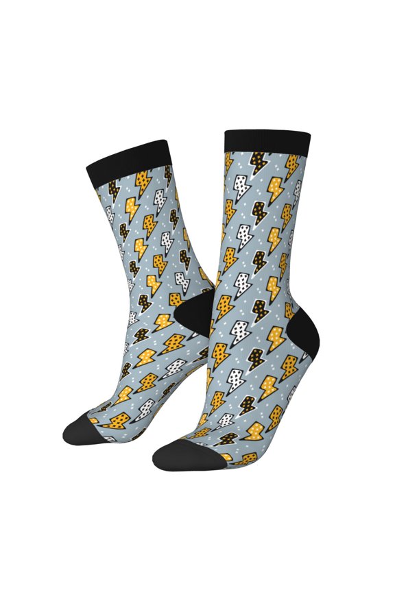Lightning Bolts Print Contrast Color Mid-calf Socks, Sweat-wicking Athletic Socks, Unisex Clothing Accessories