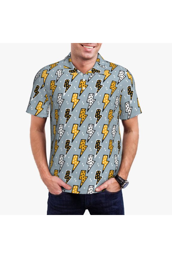 Lightning Bolts Print Men's Quick-drying POLO Shirt, Button-down Summer T-shirt, Suitable for Work and Outdoor Activities-Large