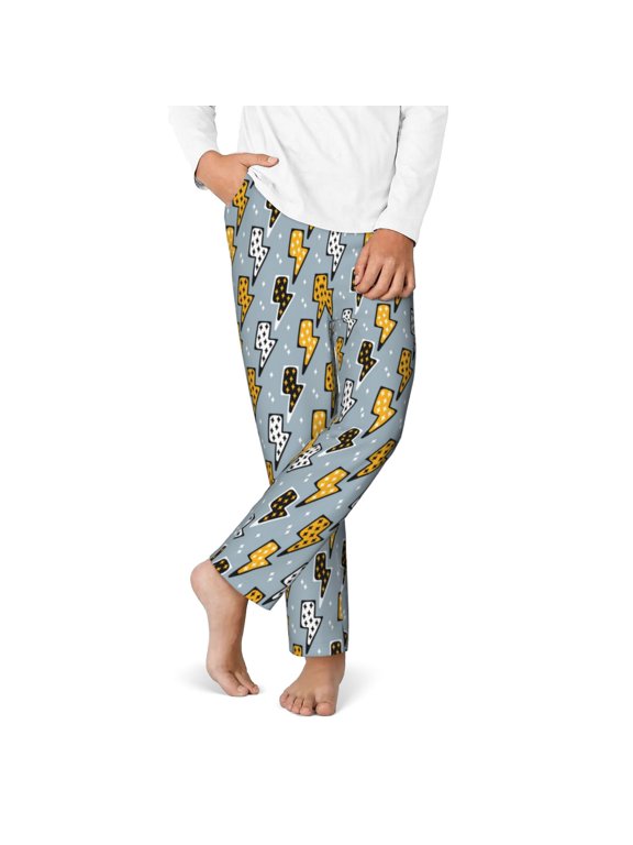 Lightning Bolts Print Youth Home Trousers, Elastic Waistband with Pockets for Home and Outing, Suitable for Children Aged 5-16-Large