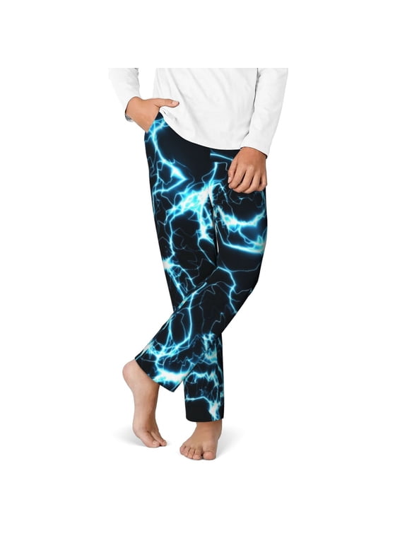 Lightning Print Youth Home Trousers, Elastic Waistband with Pockets for Home and Outing, Suitable for Children Aged 5-16-Medium