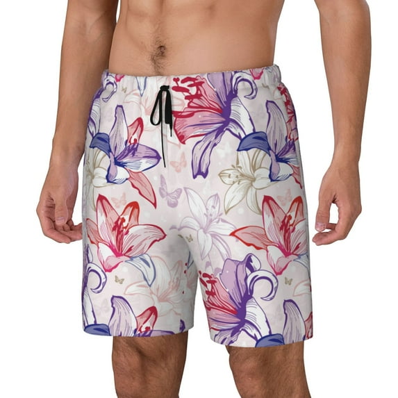 Gukieu Lilies Flowers Print Men's Double Layer Sports Swim Trunks, Quick Dry Adjustable Waist Swim Shorts Swimwear-Medium