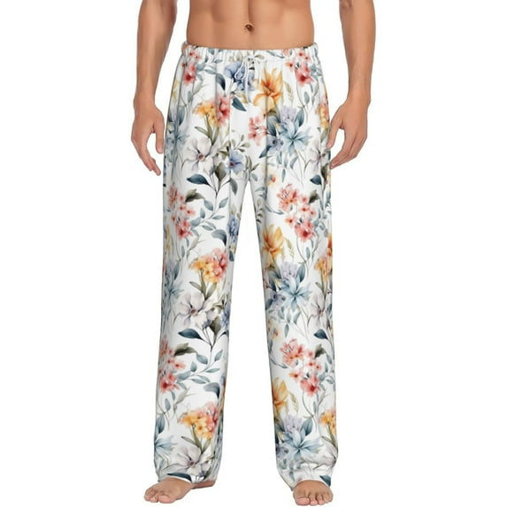 Gukieu Lilies Flowers Print Men's Home Trousers, Elastic Drawstring Home Pajamas Clothing Suitable for Adult Men-Medium