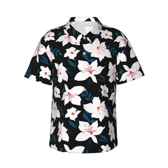 Gukieu Lilies Flowers Print Men's Short-sleeved Shirts, Button-down Lapel Hawaiian Shirts, T-shirts, Beach Vacation Summer Casual Wear,3X-Large
