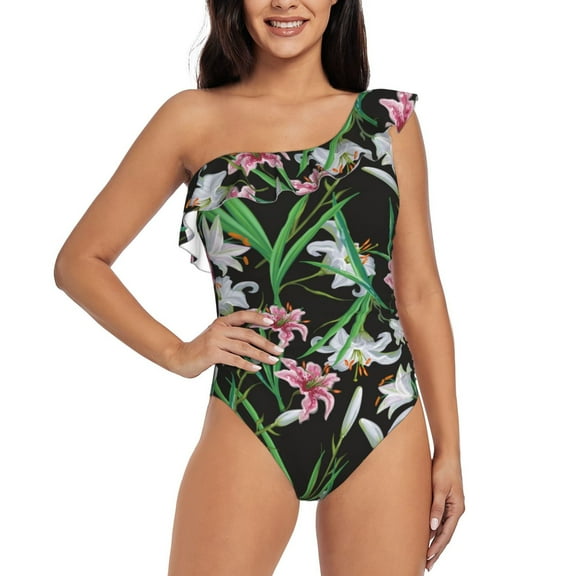 Gukieu Lilies Flowers Print One-shoulder Ruffled One-piece Swimsuit with Removable Chest Pads and Tummy-control Swimsuit for Women-Medium