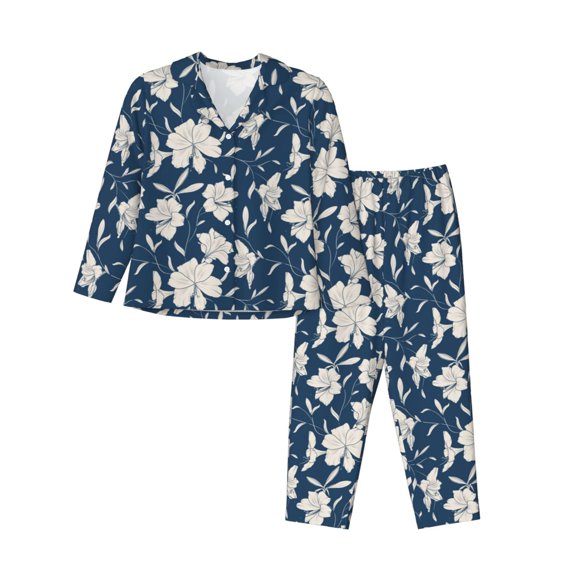Gukieu Lilies Flowers Print Women's Long Sleeve Pajama Set, Button Top Elastic Pocket Pajama Pants Two Piece Set Home Wear-Small