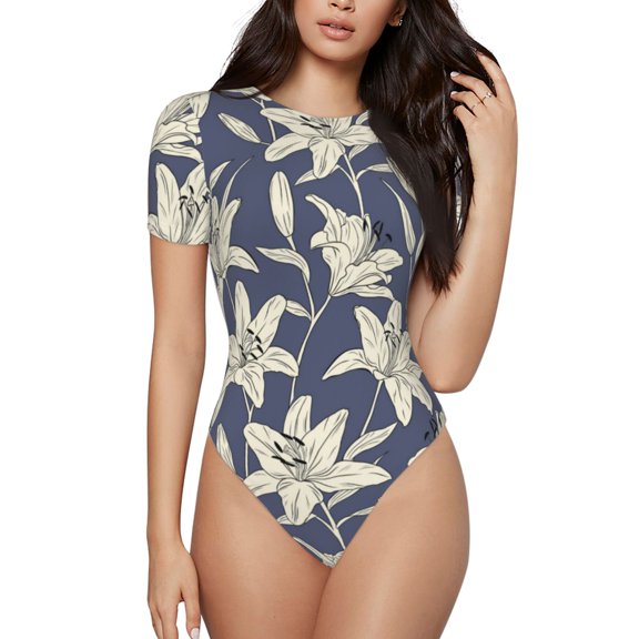 Gukieu Lilies Flowers Print Women's Short Sleeve Bodysuit, Round Neck Snap-on Bodysuit, Suitable for Adult Women-Small
