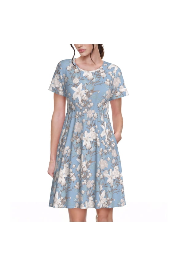 Lily Flower Print Women's Short Sleeve Dress, Elastic Waistband A-line with Pockets Summer Dress, Suitable for Daily Leisure, Work, Vacation
