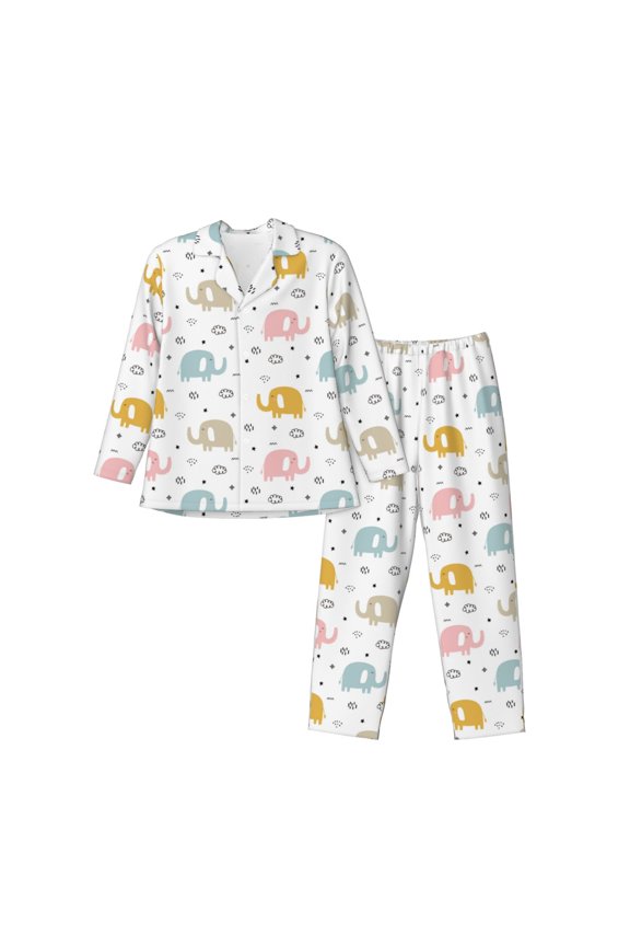 Little Elephant Print Men's Long-sleeved Pajamas Set, Elastic Waist Pajamas Button-down Pajamas Two-piece Set, Suitable for Adult Male Home Wear-Small