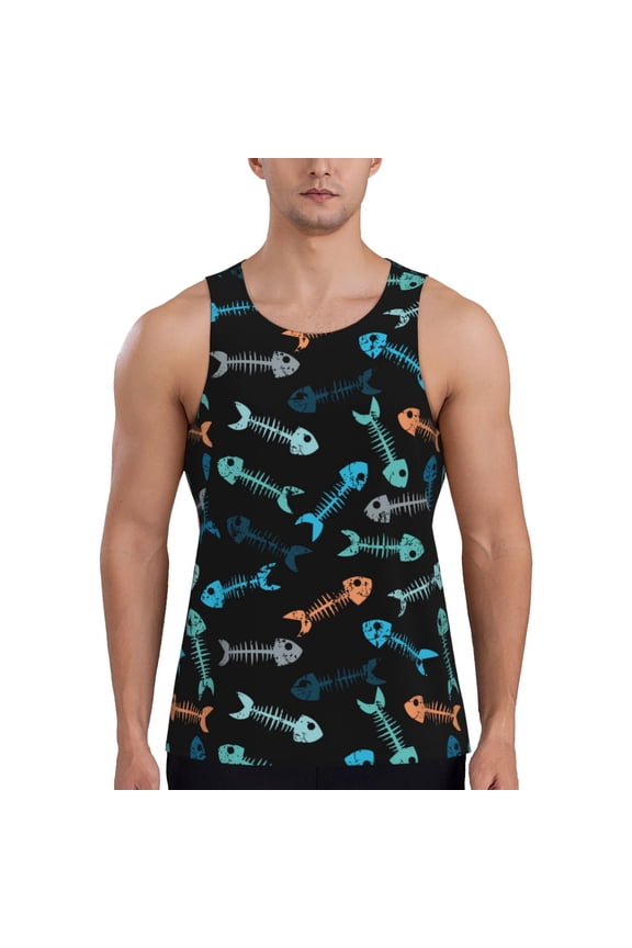 Little Fish Skeleton Print Men's Quick Dry Fitness Vest, Round Neck Sleeveless Fitness Bodybuilding Top-Medium
