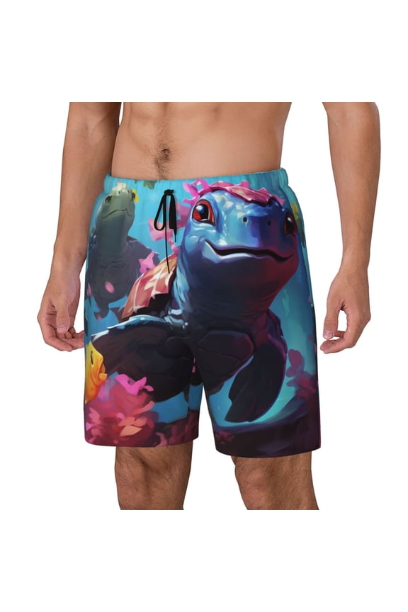Lively Cute Turtle Print Men's Double Layer Sports Swim Trunks, Quick Dry Adjustable Waist Swim Shorts Swimwear-Medium