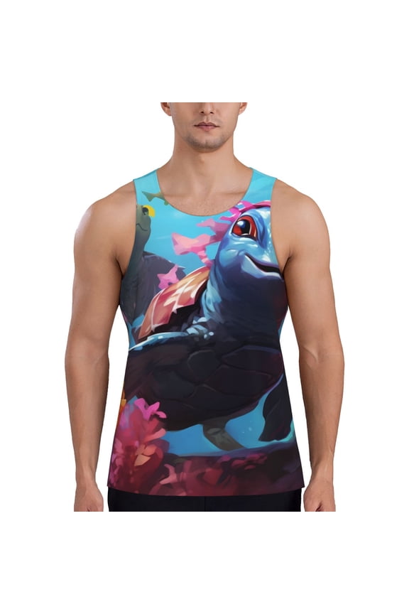 Lively Cute Turtle Print Men's Quick Dry Fitness Vest, Round Neck Sleeveless Fitness Bodybuilding Top-Small