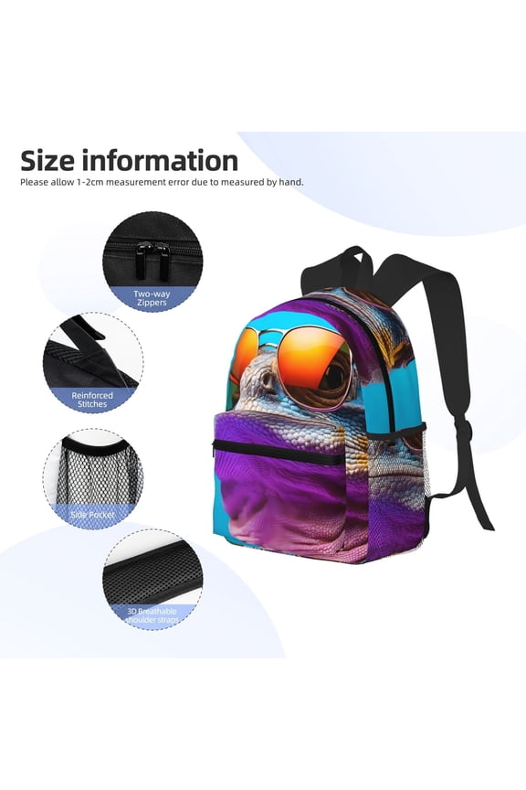 Lizard With Sunglasses Colorful Print Backpack, Waterproof Backpack with Adjustable Shoulder Straps, Suitable for Campus, Business, Travel, Unisex