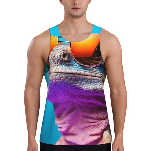 Gukieu Lizard With Sunglasses Colorful Print Men's Quick Dry Fitness Vest, Round Neck Sleeveless Fitness Bodybuilding Top-XX-Large