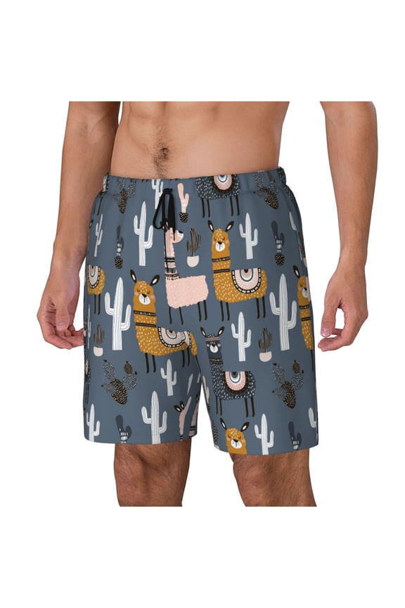 Llama and Cactus Print Men's Double Layer Sports Swim Trunks, Quick Dry Adjustable Waist Swim Shorts Swimwear-XX-Large