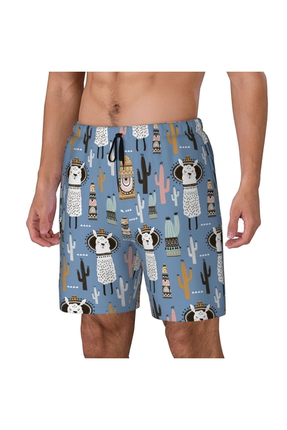 Llamas And Cactus Print Men's Double Layer Sports Swim Trunks, Quick Dry Adjustable Waist Swim Shorts Swimwear-XX-Large