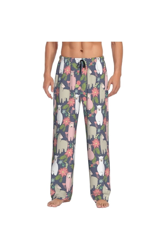 Llamas Print Men's Home Trousers, Elastic Drawstring Home Pajamas Clothing Suitable for Adult Men-Small