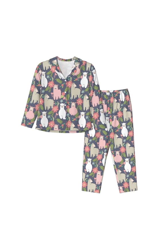 Llamas Print Women's Long Sleeve Pajama Set, Button Top Elastic Pocket Pajama Pants Two Piece Set Home Wear-X-Large