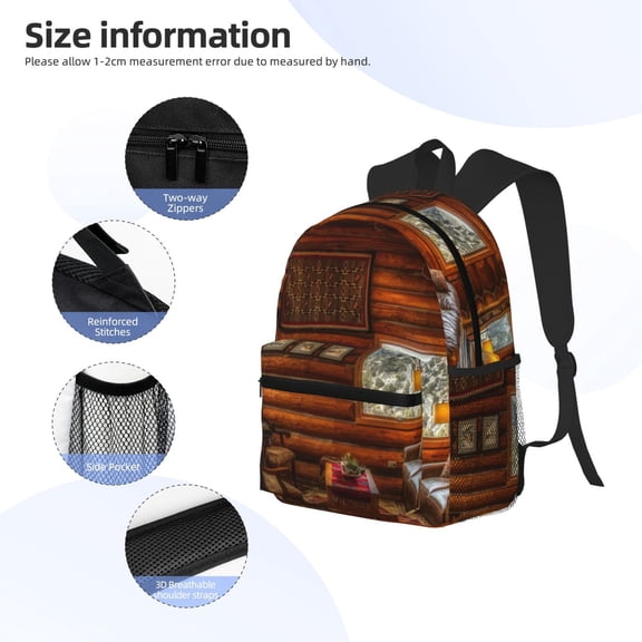 Gukieu Log Cabin Inside Print Backpack, Waterproof Backpack with Adjustable Shoulder Straps, Suitable for Campus, Business, Travel, Unisex