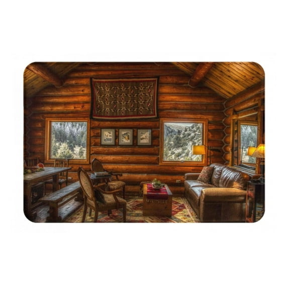Gukieu Log Cabin Inside Print Dust-proof Floor Mats, Water-absorbent and Non-slip Flannel Door Mats 16x24in, Home Decoration Suitable for Kitchen, Bathroom, Garage