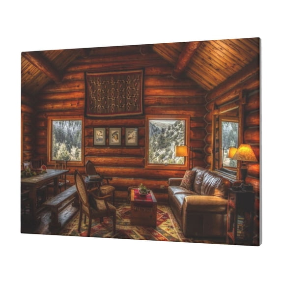 Gukieu Log Cabin Inside Print Horizontal Canvas Decorative Painting 12x16 Inch Shrinkage Resistant Frame Hanging Home Wall Art Decor