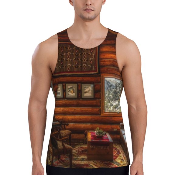 Gukieu Log Cabin Inside Print Men's Quick Dry Fitness Vest, Round Neck Sleeveless Fitness Bodybuilding Top-X-Large