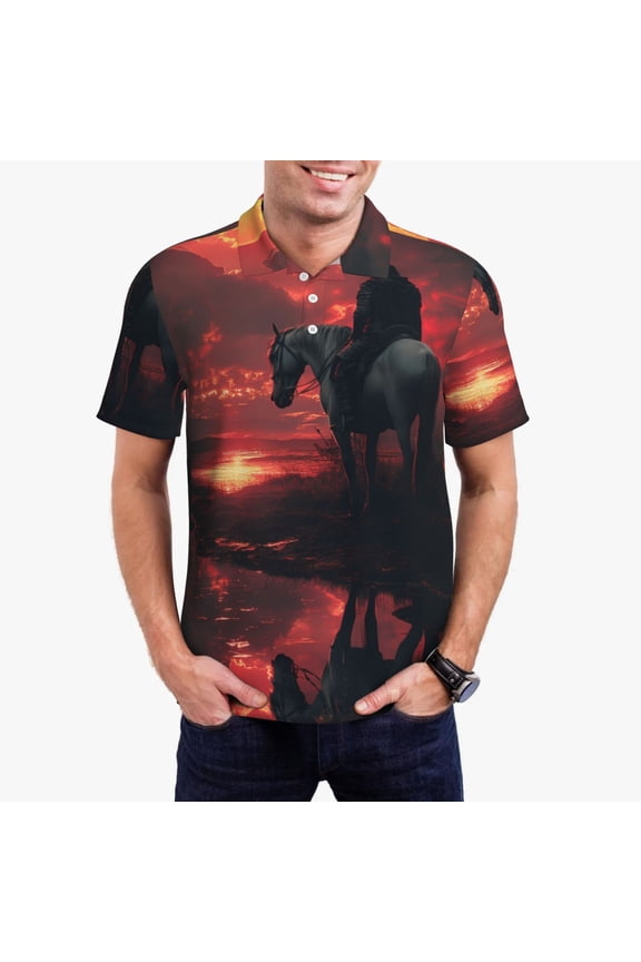 Lone Rider Under Red Sky Print Men's Quick-drying POLO Shirt, Button-down Summer T-shirt, Suitable for Work and Outdoor Activities-Small