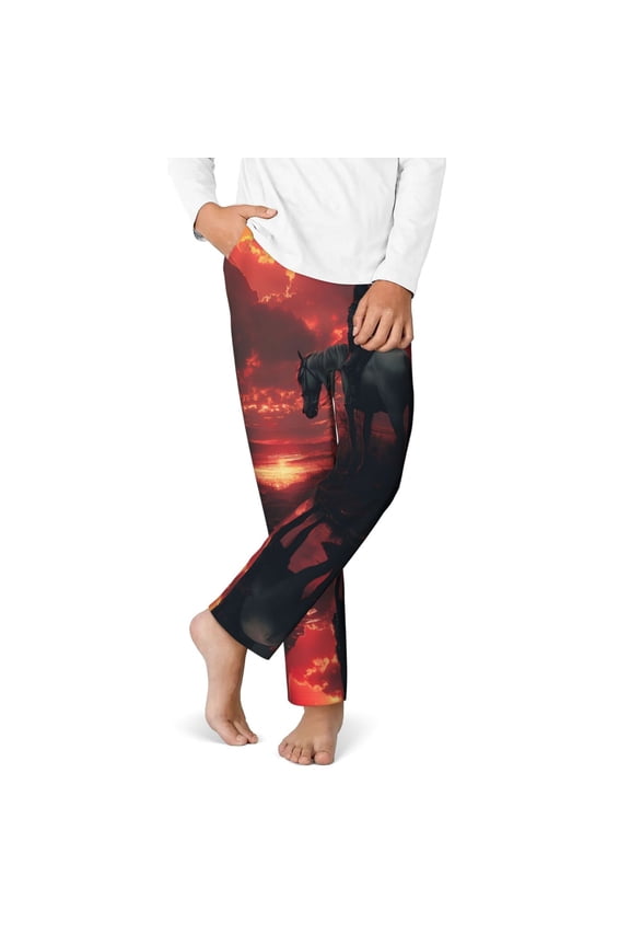 Lone Rider Under Red Sky Print Youth Home Trousers, Elastic Waistband with Pockets for Home and Outing, Suitable for Children Aged 5-16-Large