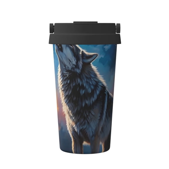 Gukieu Lonely Night Sky Wolf Print Insulated Coffee Cup, Portable Stainless Steel Vacuum Cup with Lid, Unisex, Suitable for Office, Cafe, Car