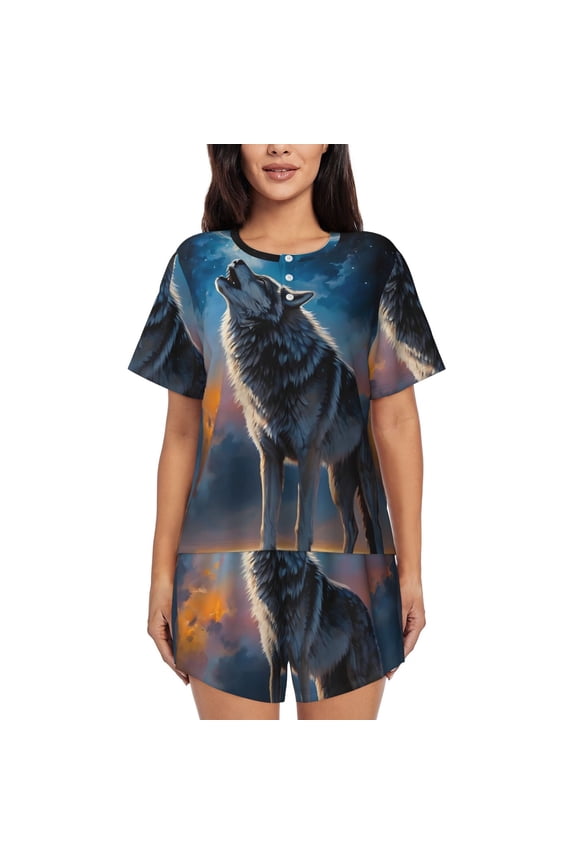 Lonely Night Sky Wolf Print Women's Short-sleeved Pajama Set, Round Neck Button Top Elastic Shorts 2-piece Set, Summer Home Leisure Clothing-Medium