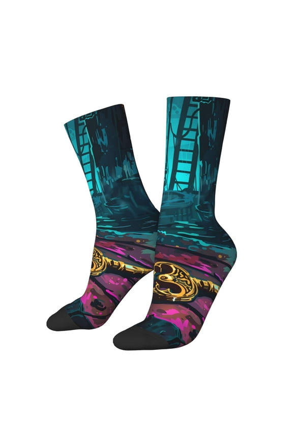 Lost Golden Key Print Contrast Color Mid-calf Socks, Sweat-wicking Athletic Socks, Unisex Clothing Accessories