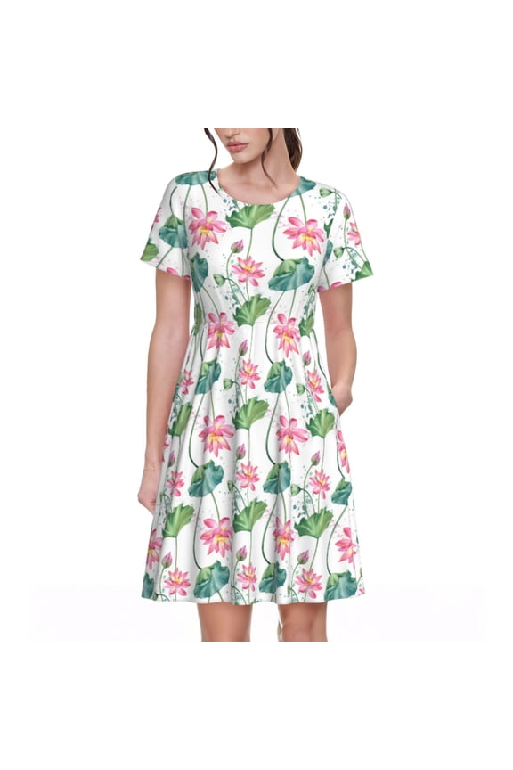 Lotus Flower Print Women's Short Sleeve Dress, Elastic Waistband A-line with Pockets Summer Dress, Suitable for Daily Leisure, Work, Vacation