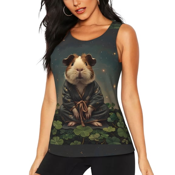 Gukieu Lotus Leaf Starry Sky Guinea Pig Print Women's Quick-drying Fitness Vest, Round Neck Sleeveless Fitness T-shirt, Suitable for Yoga, Sports-Large