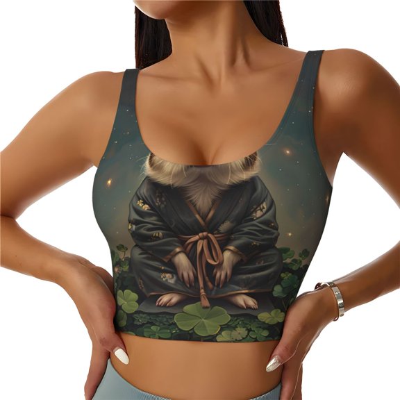 Gukieu Lotus Leaf Starry Sky Guinea Pig Print Women's Sports Vest, Low-neck U-shaped Removable Pad Sports Bra for Yoga, Exercise, Dance-Large