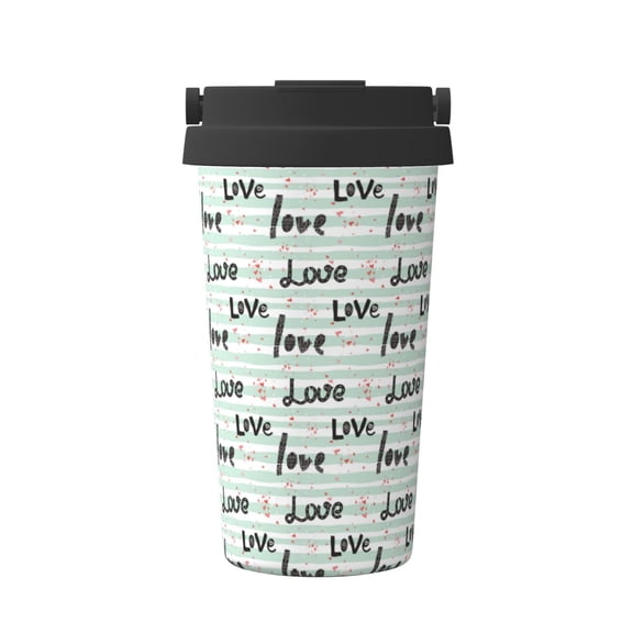 Gukieu Love lettering Print Insulated Coffee Cup, Portable Stainless Steel Vacuum Cup with Lid, Unisex, Suitable for Office, Cafe, Car