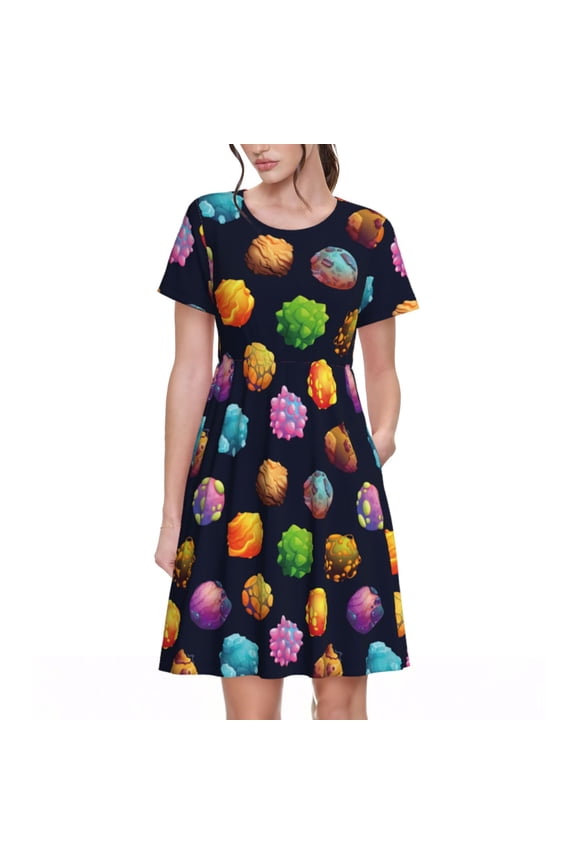Lovely Planet Print Women's Short Sleeve Dress, Elastic Waistband A-line with Pockets Summer Dress, Suitable for Daily Leisure, Work, Vacation