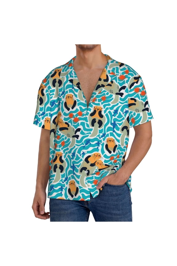 Lovely Sea Otters Print Men's Short-sleeved Shirts, Button-down Pocket Shirts, T-shirts, Beach Vacation Travel Summer Clothing-Medium