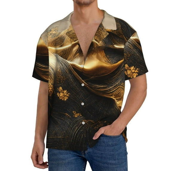 Gukieu Luxurious Gold Flow Print Men's Short-sleeved Shirts, Button-down Pocket Shirts, T-shirts, Beach Vacation Travel Summer Clothing-Small