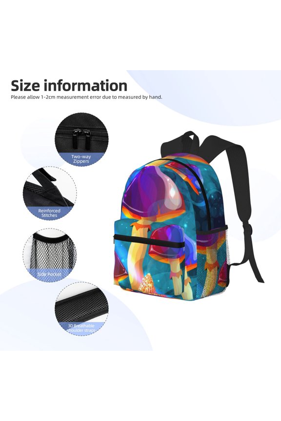 Magic Mushrooms ,Fireflies Print Backpack, Waterproof Backpack with Adjustable Shoulder Straps, Suitable for Campus, Business, Travel, Unisex