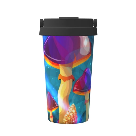 Gukieu Magic Mushrooms ,Fireflies Print Insulated Coffee Cup, Portable Stainless Steel Vacuum Cup with Lid, Unisex, Suitable for Office, Cafe, Car