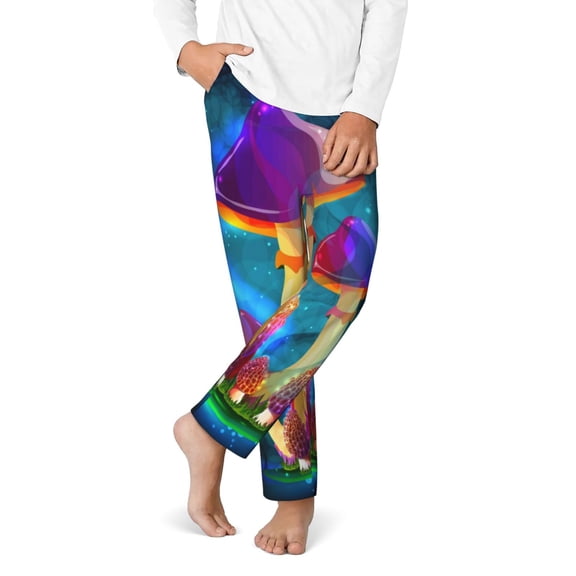 Gukieu Magic Mushrooms ,Fireflies Print Youth Home Trousers, Elastic Waistband with Pockets for Home and Outing, Suitable for Children Aged 5-16-XS(5-6)