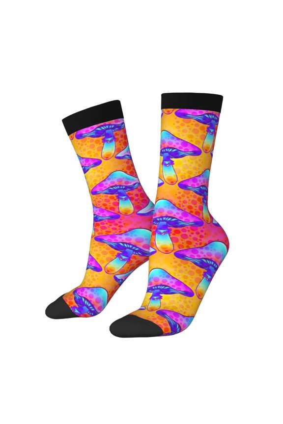 Magic Mushrooms Print Contrast Color Mid-calf Socks, Sweat-wicking Athletic Socks, Unisex Clothing Accessories